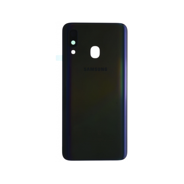 Vitre arrière avec Adhésif + Lentille camera pour Samsung A40 (A405F) Noir Logo + CE