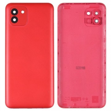 Vitre arrière avec Adhésif + Lentille camera + support pour Samsung Galaxy A03 A035 A035G 166mm Rouge + Logo