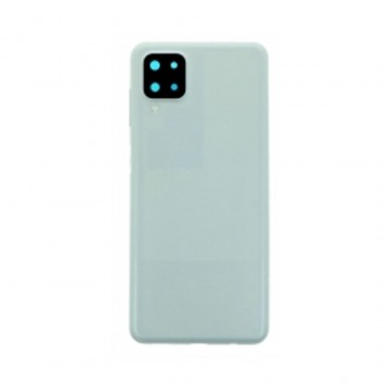 Vitre arrière avec Adhésif + Lentille camera + support pour Samsung Galaxy A12 Blanc + Logo