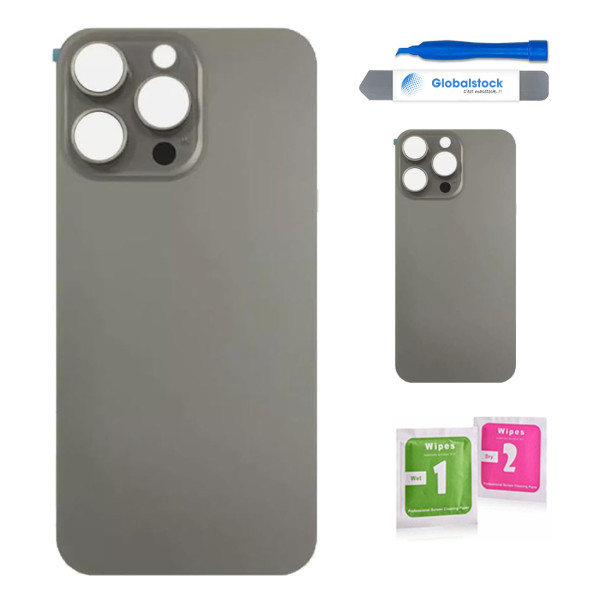 Vitre Arrière pour iPhone 15 Pro Max en Titane Naturel avec Gros Trou